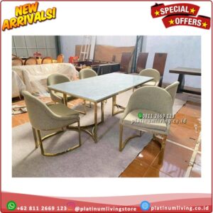 Meja Makan Marmer Putih Kaki Stainless Gold 200x100 Meja Makan Mewah