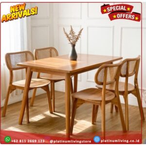 Meja Makan Jati top marmer Cream Kursi Rotan Modern Eropa 2 Kursi Platinumliving Furniture Indonesia