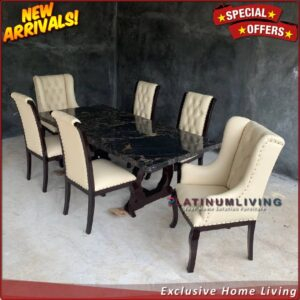 Meja Makan Marmer Import Portorogold 6 Kursi Modern Rangka Jati Tua Furniture Jepara