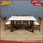 Meja Makan Marmer Cream Asli 4 Kursi Jati, Kursi Makan Jati Top Marmer - 140 cm x 80 cm Furniture Jepara