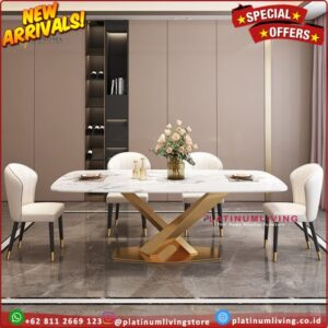 Meja makan Marmer dinning table stainless gold hairline top marble Furniture Jepara