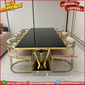 Meja makan top table kaca Meja Kursi  stainless gold top glass kursi 6 Furniture Jepara