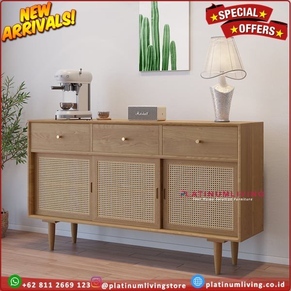 Bufet TV retro mix rotan terbaru meja TV modern kayu jati credenza Furniture Jepara Indonesia