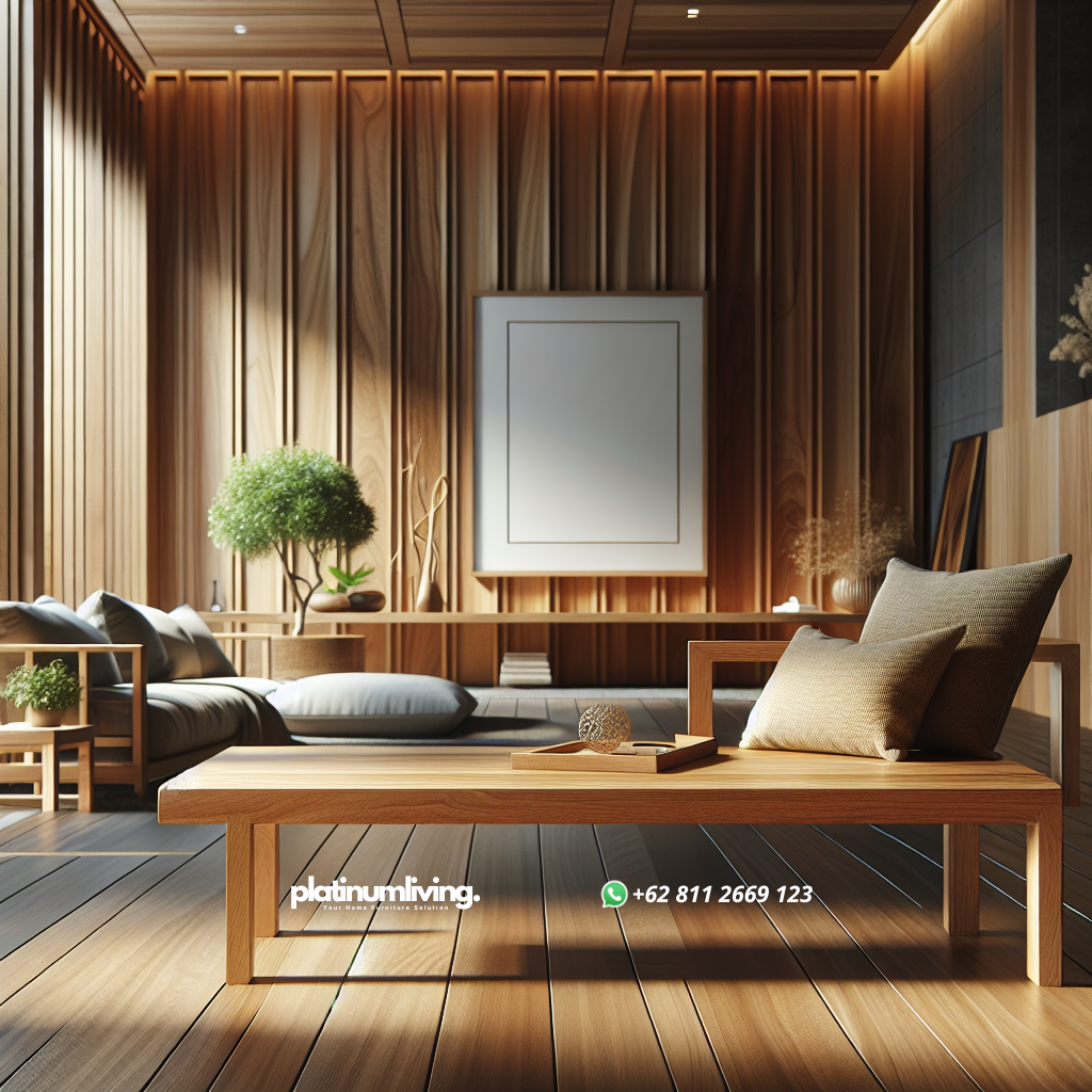 wooden bench made of polished teak wood in cozy interior