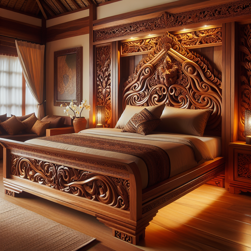 Dipan Rahwana dengan ukiran Jawa klasik di kamar tidur modern