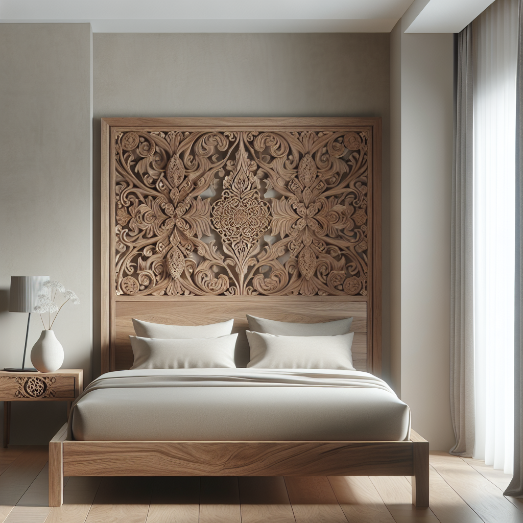 Dipan minimalis dengan ukiran halus berbahan kayu jati di kamar tidur modern