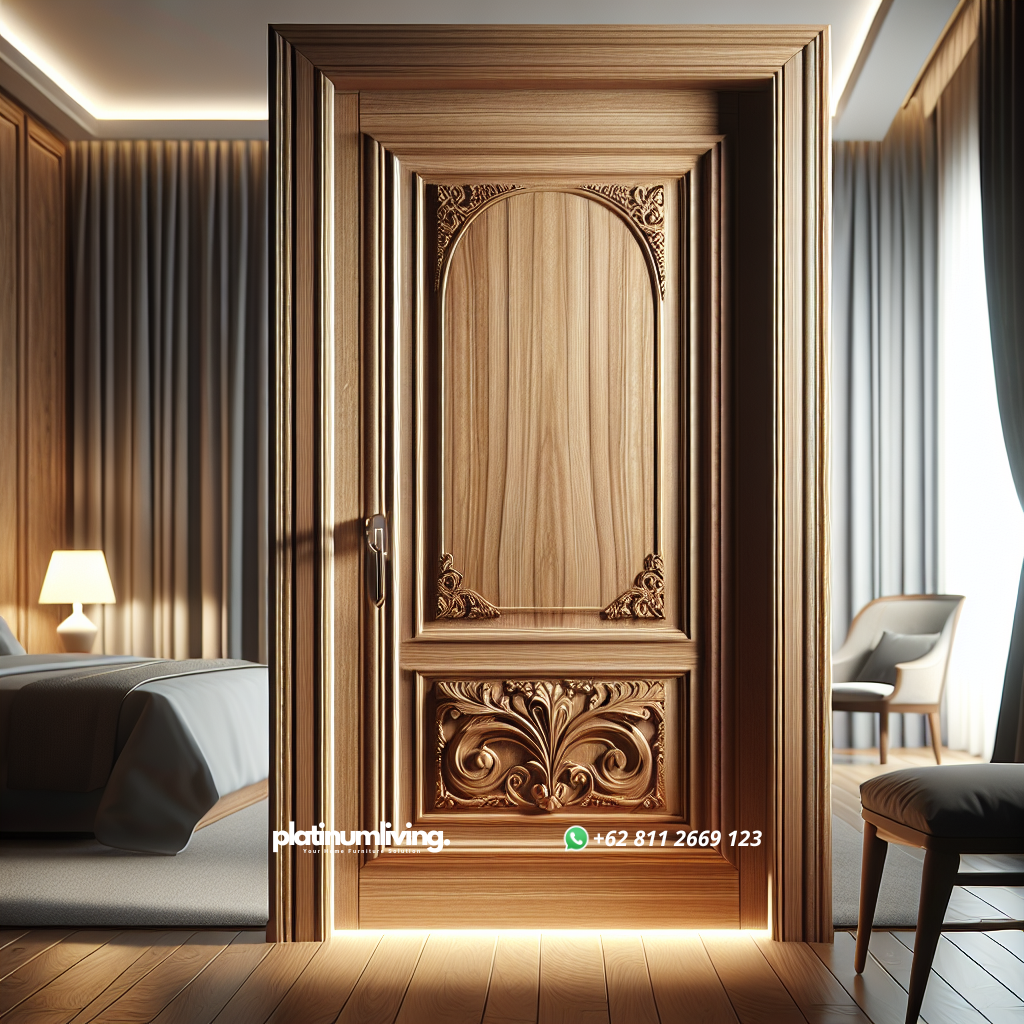 Pintu jati kamar dengan finishing natural dan desain elegan