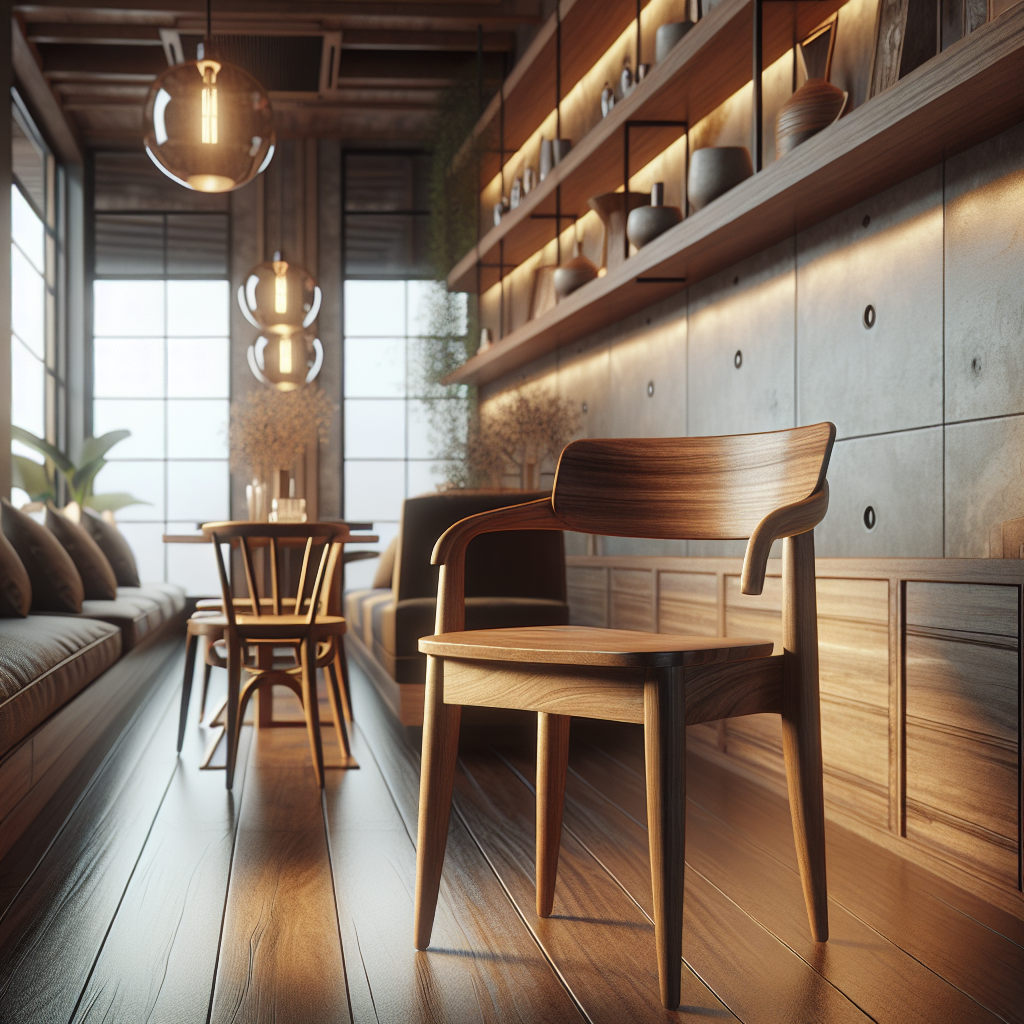 Jual Kursi Cafe Jati Berkualitas di Cempaka Putih, Solusi Furniture Premium untuk Bisnis Anda 1 Kursi cafe dari kayu jati dengan desain elegan di sebuah kafe modern
