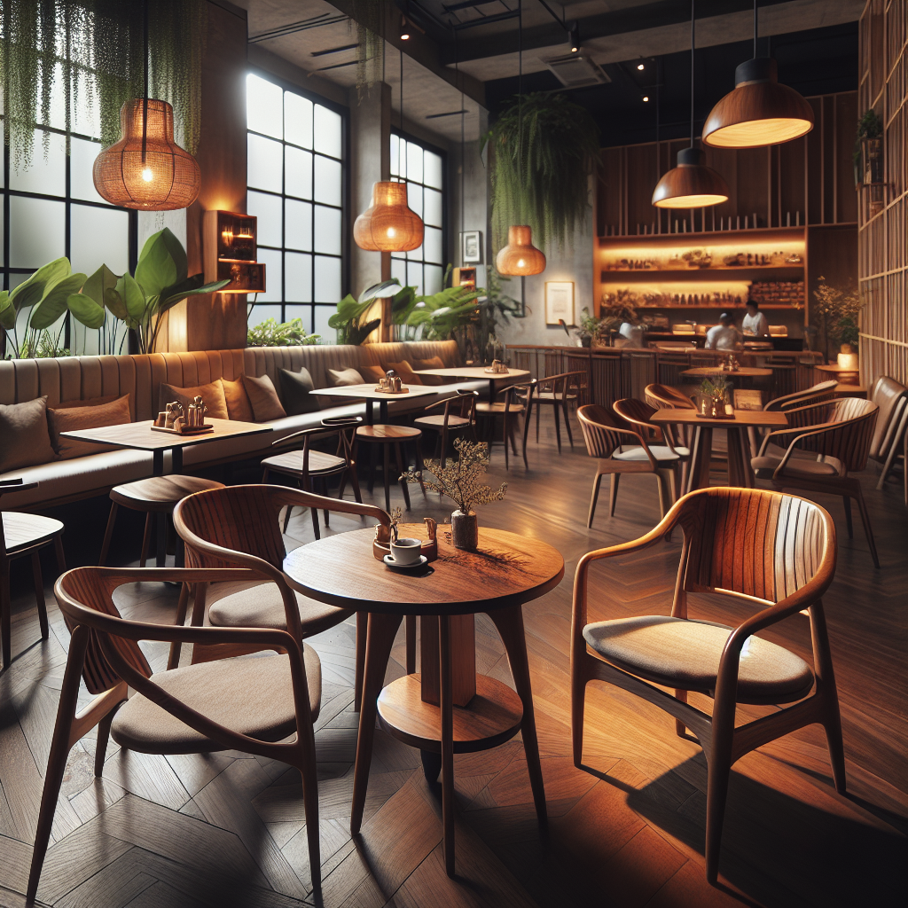 Jual Kursi Cafe Jati Berkualitas di Jagakarsa untuk Tampilan Cafe yang Elegan 1 Teak wood cafe chairs with natural finish in a warm cafe interior