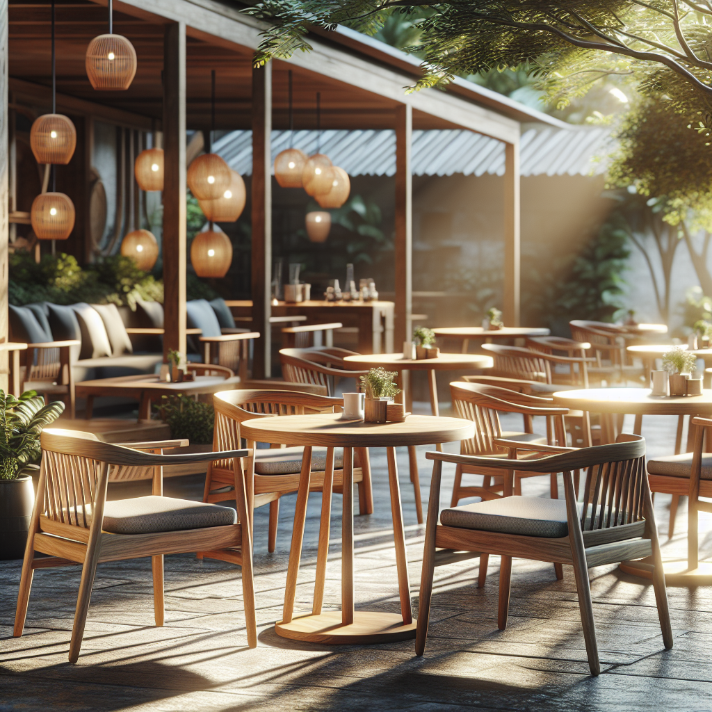 Kursi cafe dari kayu jati dengan desain elegan di luar kafe Kebayoran Baru