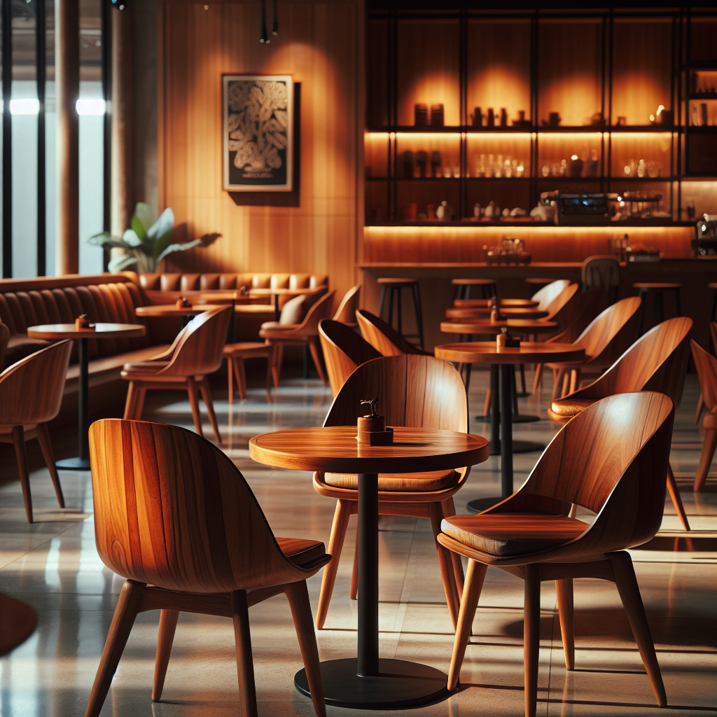 Kursi cafe dari kayu jati dengan desain elegan di sebuah cafe