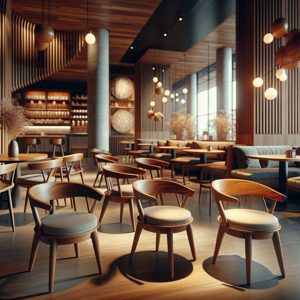 Kursi cafe dari kayu jati dengan desain elegan di sebuah interior kafe