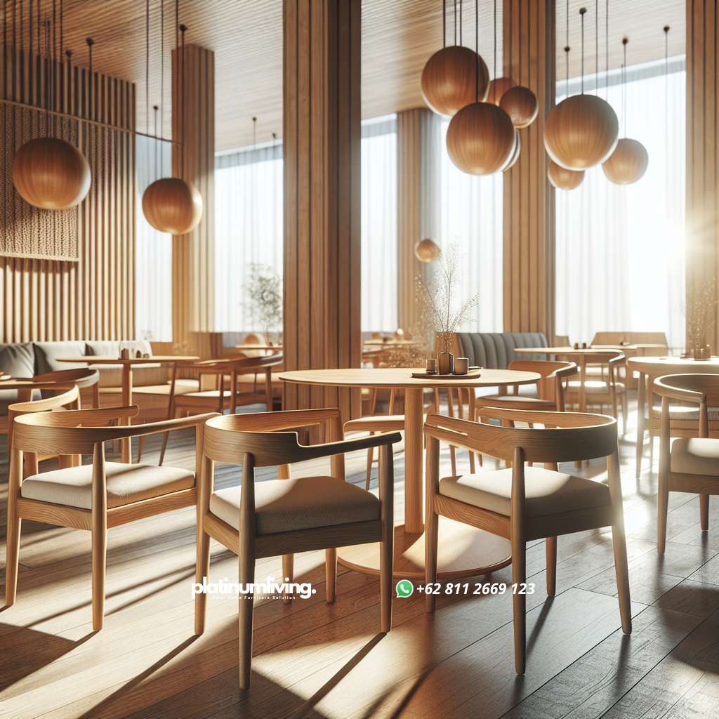 Kursi cafe berbahan kayu jati dengan warna alami di dalam cafe