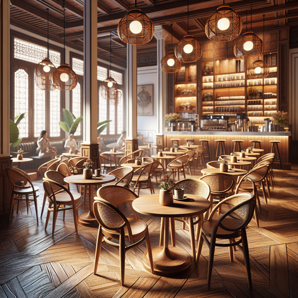 Kursi cafe dari kayu jati dengan desain elegan di dalam kafe