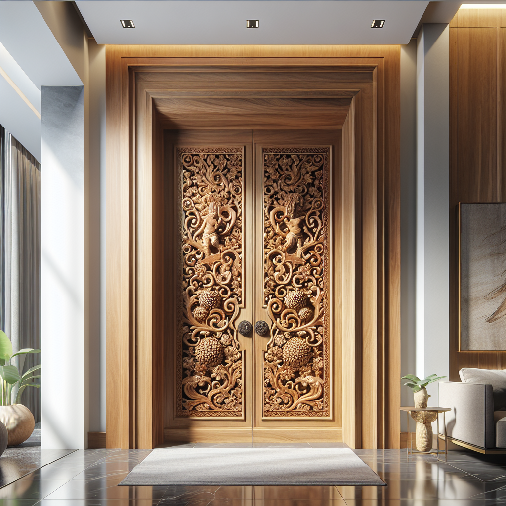 Jual Pintu Jati Jepara di Bandung: Pesan Pintu Berkualitas untuk Hunian Anda 1 Pintu kayu jati Jepara dengan ukiran halus di rumah modern Bandung