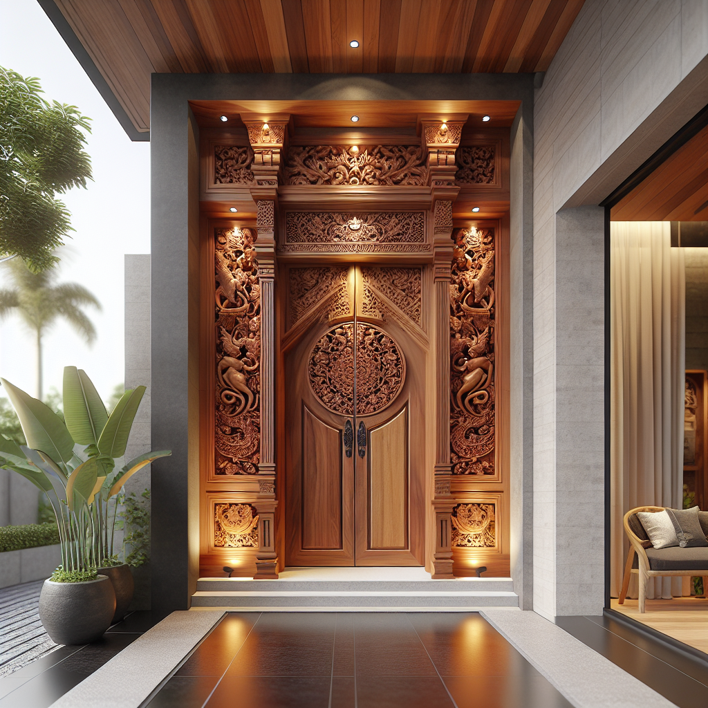Pintu kayu jati Jepara dengan ukiran tradisional di depan rumah modern di Palembang
