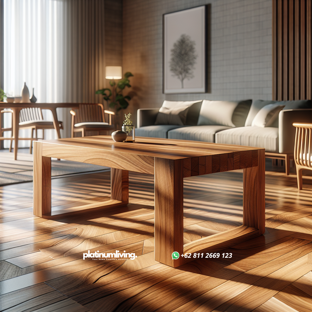 Wooden teak table with smooth polished surface in modern living room