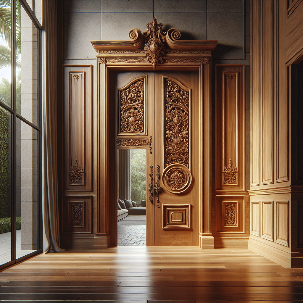 Pintu kayu jati mewah dengan ukiran klasik dan finishing natural