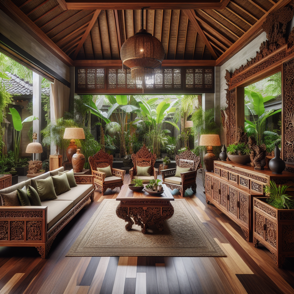 Set furniture kayu asli Bali dengan ukiran khas di ruang tamu modern
