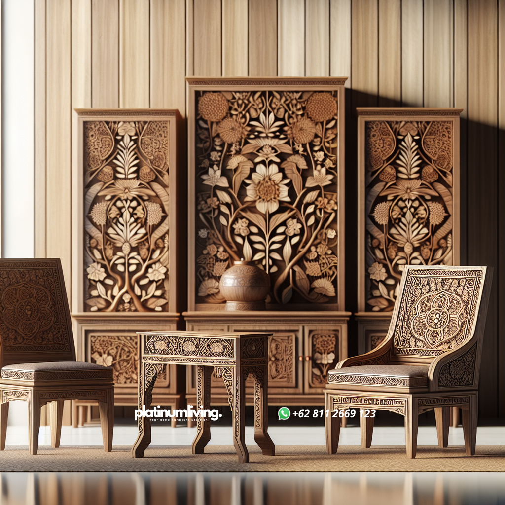 Keindahan dan Keunikan Furniture Jepara: Warisan Kerajinan Kayu Indonesia 1 Set furniture kayu jati ukiran Jepara yang indah