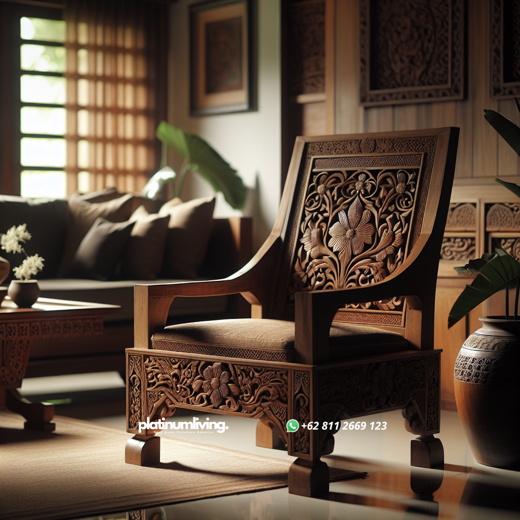 Keindahan dan Keunikan Kursi Jepara: Pilihan Furnitur Klasik Berkualitas 1 Intricately carved Jepara teak wood chair in elegant living room