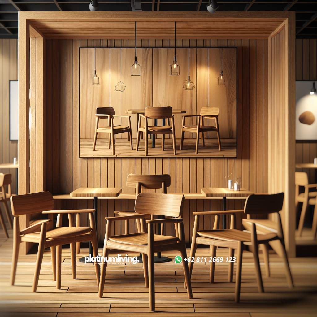 Kenali Kursi Cafe Jati Minimalis Lebak Gedong: Pilihan Tepat untuk Suasana Modern dan Natural 1 Set kursi cafe jati minimalis berwarna coklat keemasan di dalam cafe modern