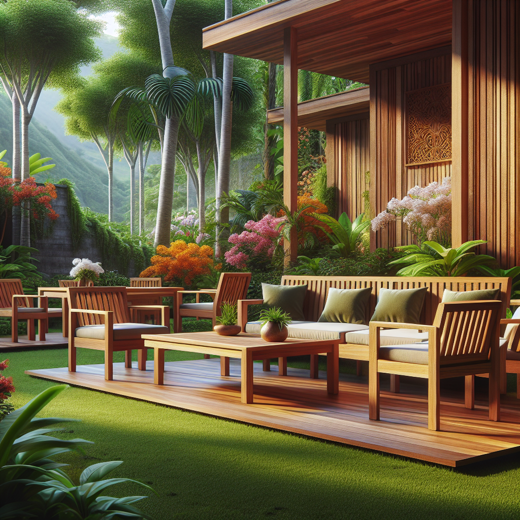 Teak wood garden furniture set in a vibrant tropical garden