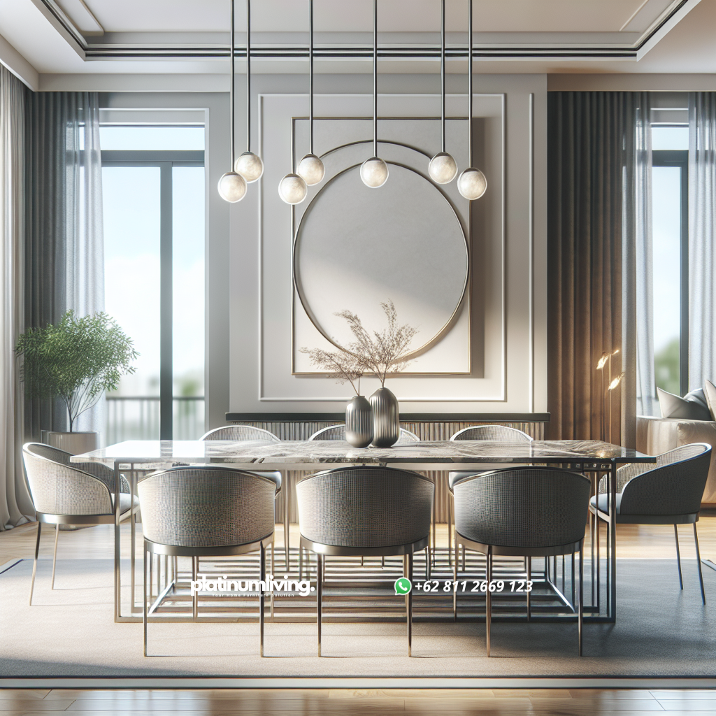Meja makan stainless steel dengan top table marmer dan enam kursi di ruang makan modern