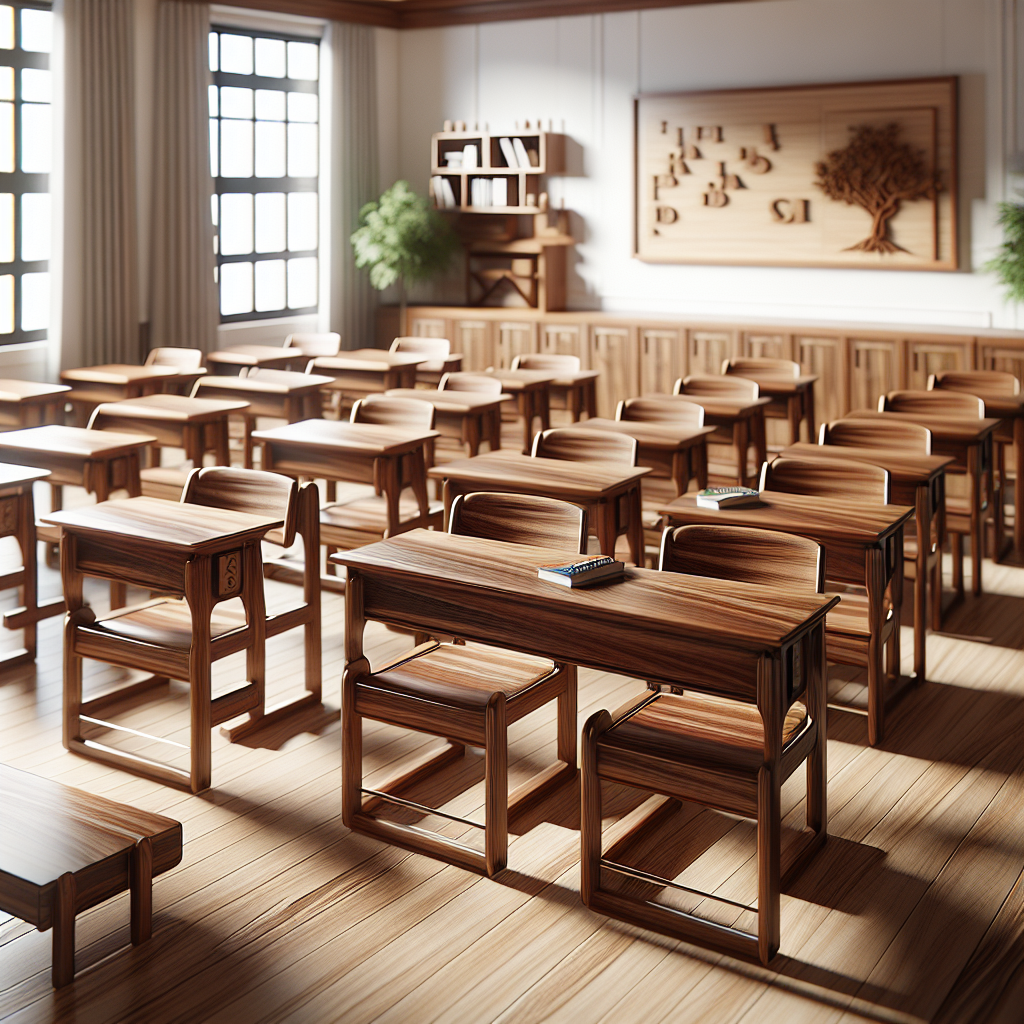 Meja dan kursi sekolah dari kayu jati dengan desain ergonomis dan finishing halus