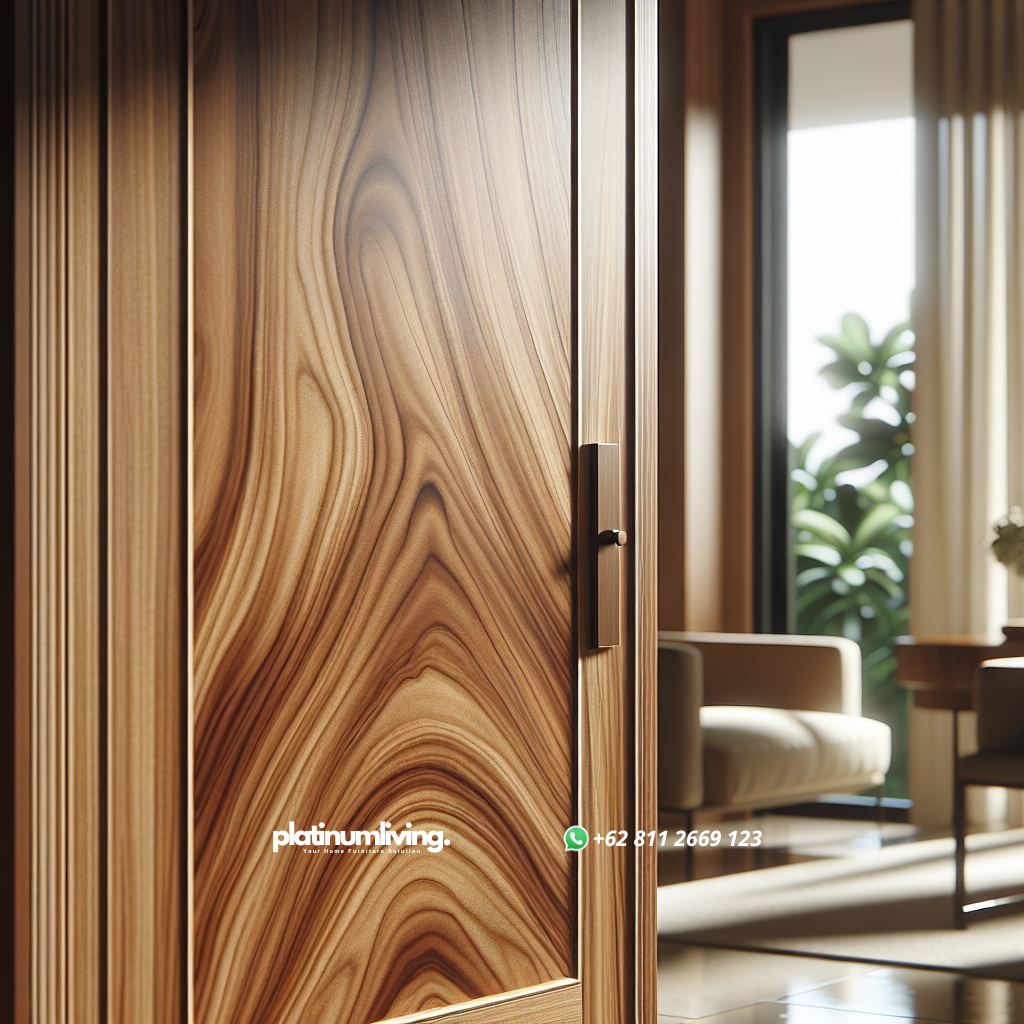 Pintu kayu jati dengan warna cokelat keemasan dan serat kayu yang halus