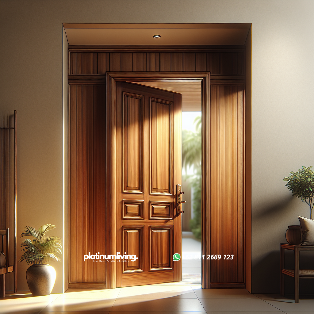 Pintu kayu jati berwarna coklat keemasan dengan desain elegan dan kuat