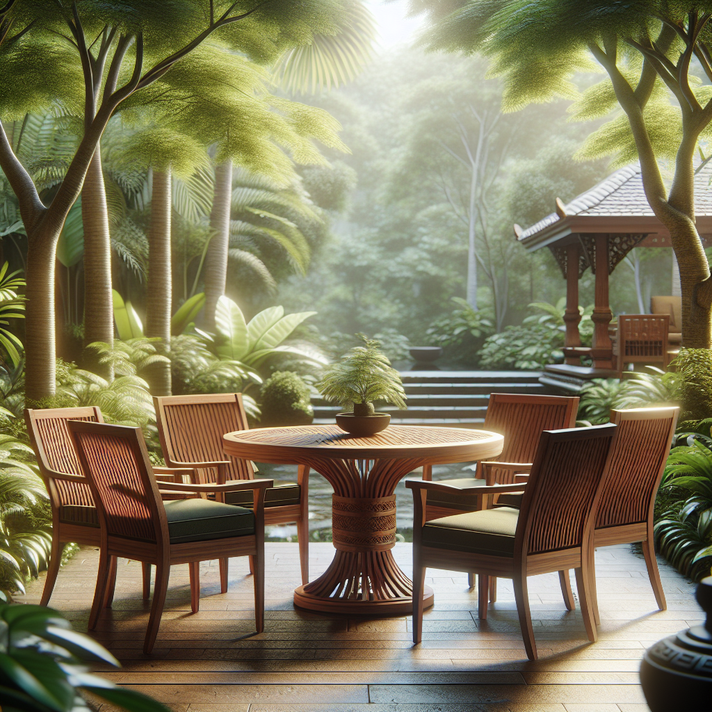 Patio kayu jati di taman tropis Indonesia dengan furnitur lengkap