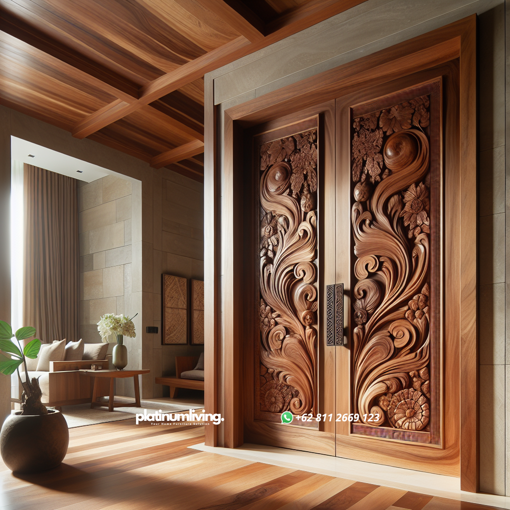 Pintu kayu jati dengan tekstur kayu alami dan desain elegan di pintu masuk rumah