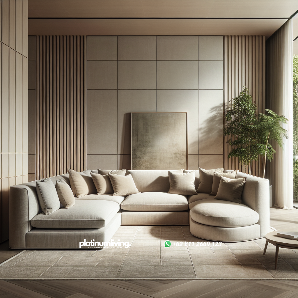 Corner sofa with beige upholstery and plush cushions in modern living room