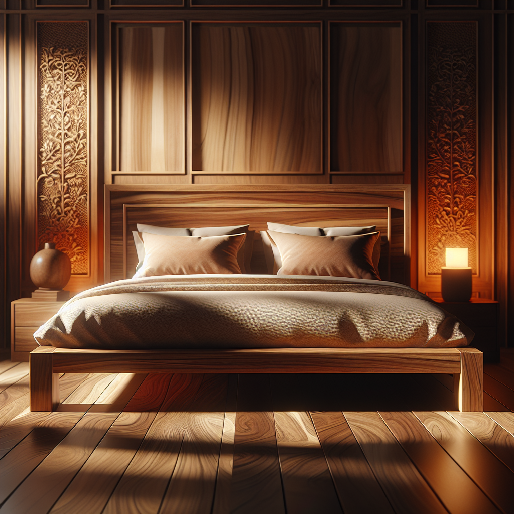 Tempat tidur kayu jati dengan desain minimalis di kamar tidur modern