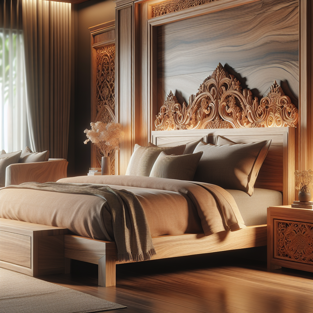 Tempat tidur kayu jati dengan desain ukiran dan finishing natural di kamar tidur modern