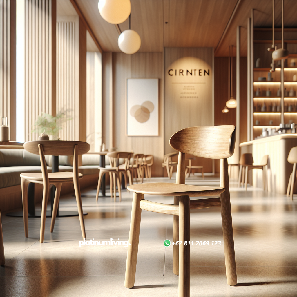Kursi Cafe Jati Minimalis Cirinten: Pilihan Elegan untuk Suasana Modern dan Nyaman 1 Kursi cafe berbahan kayu jati dengan desain minimalis Cirinten di interior cafe modern