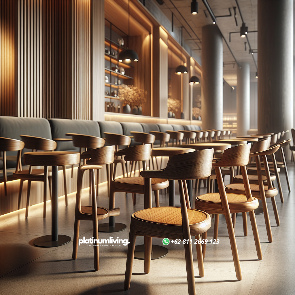 Teak wood cafe chairs with minimalist design in a modern cafe setting