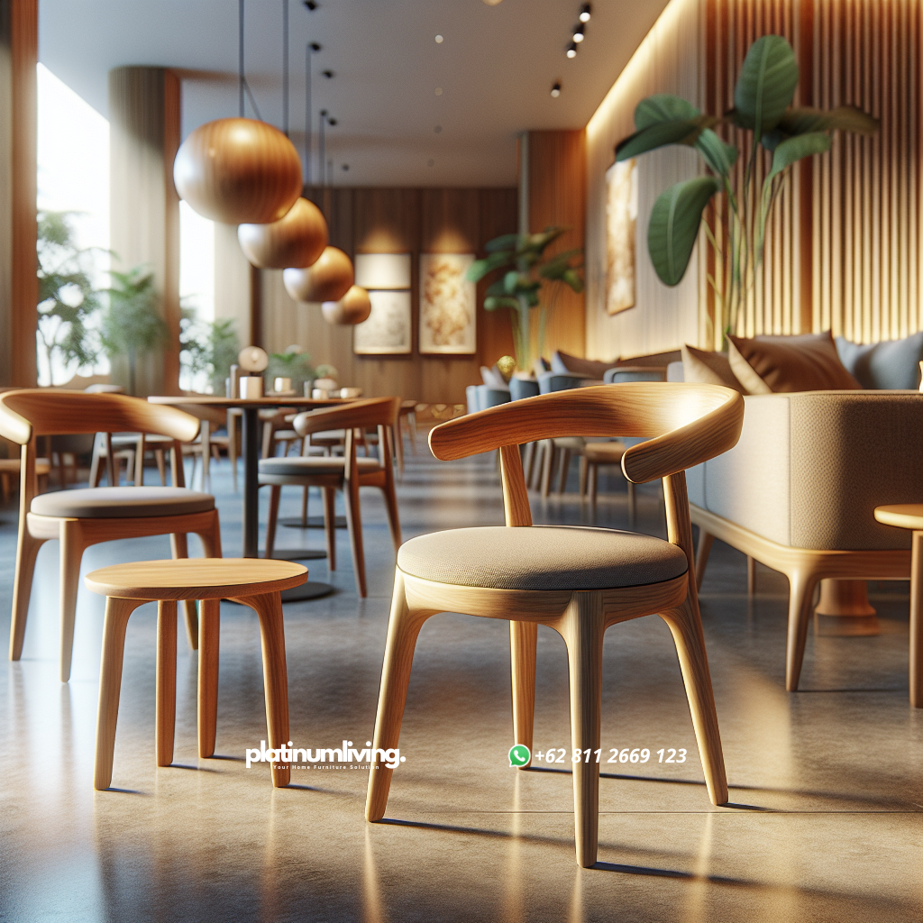 Minimalist teak wood cafe chairs with natural finish in a cozy cafe setting