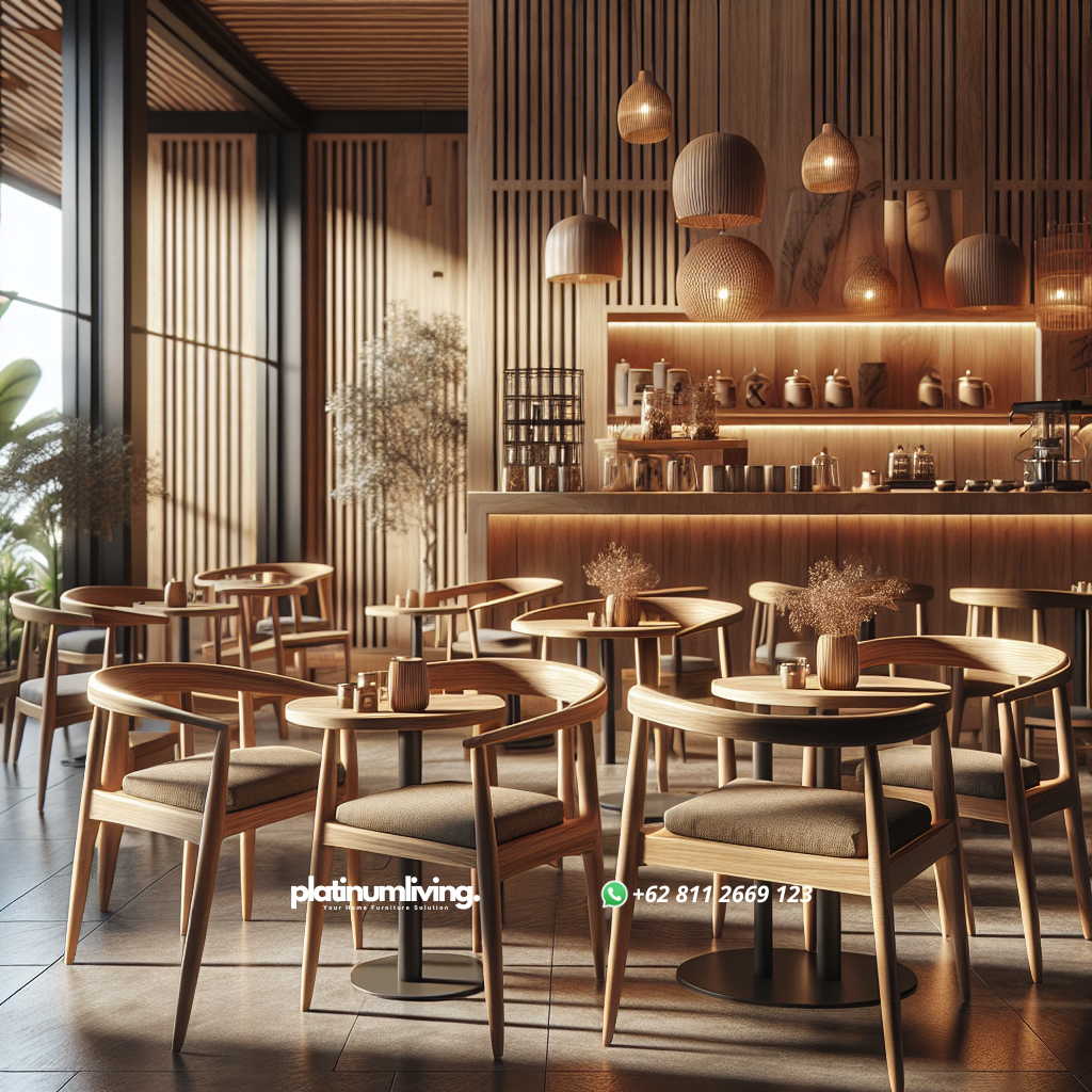 Kursi Cafe Jati Terbaru: Kombinasi Estetika dan Ketahanan yang Nyaman 1 Kursi cafe terbaru dari kayu jati dengan desain minimalis dan jok kain earth tone