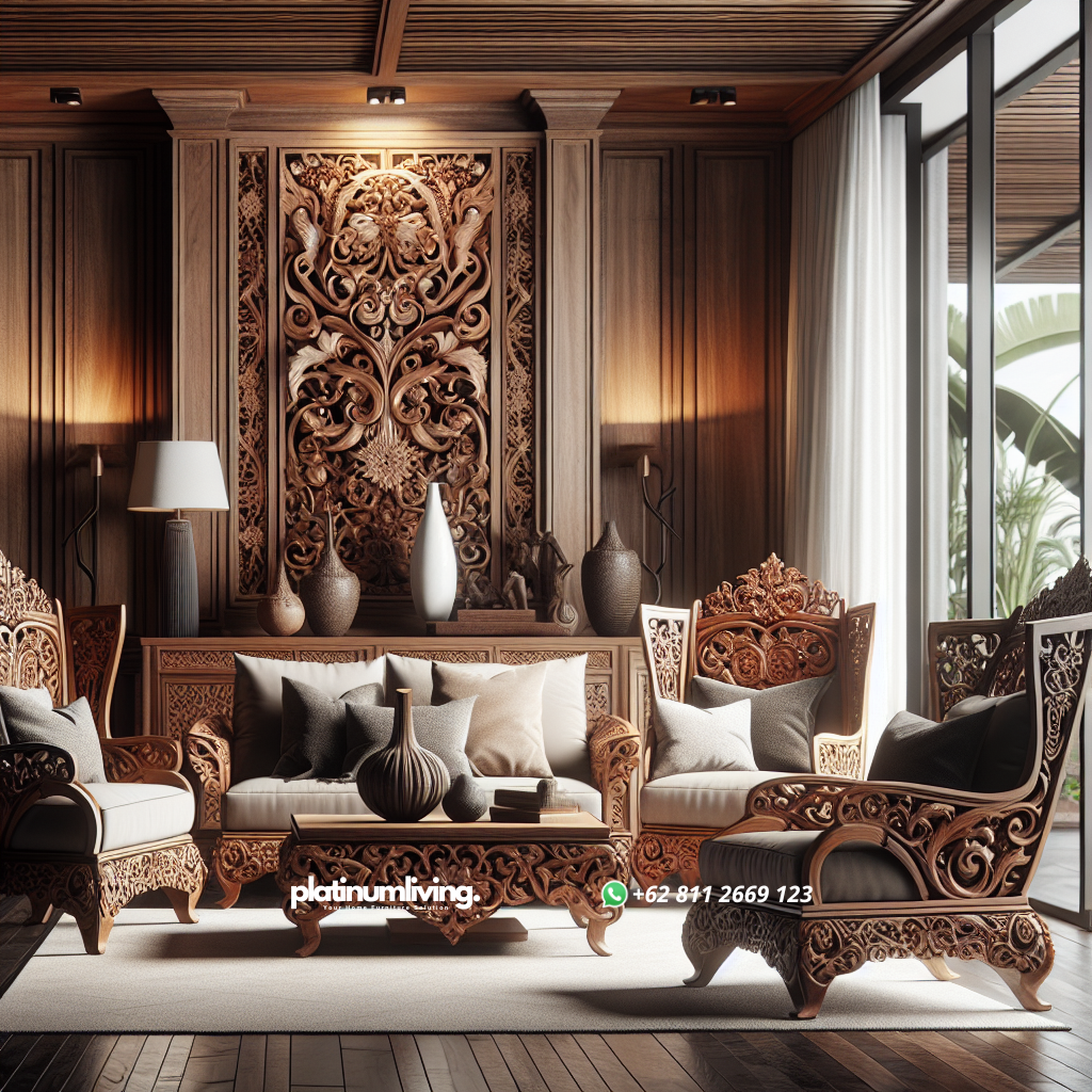 Mebel Jepara: Keindahan Ukiran dan Kualitas Furnitur Indonesia 1 Furnitur kayu jati ukiran Jepara di ruang tamu modern