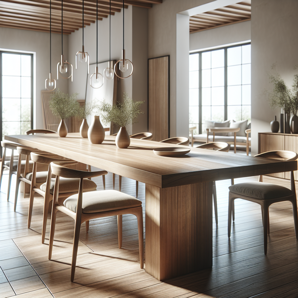 Meja makan kayu minimalis dengan desain modern di ruang makan