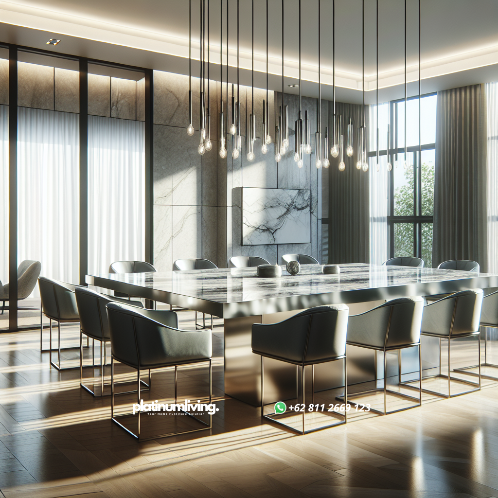 meja makan marmer dengan 8 kursi rangka stainless steel di ruang makan modern