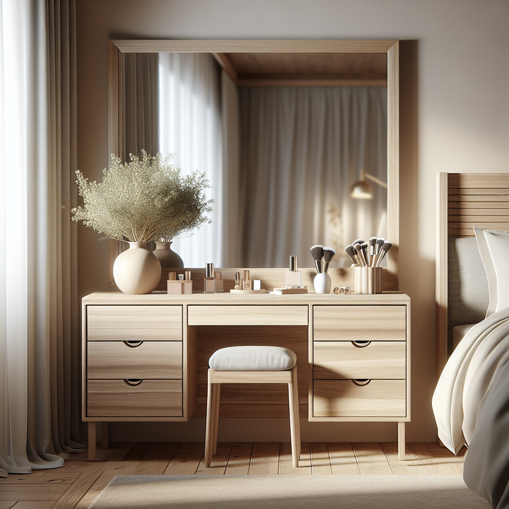 Meja rias minimalis modern dengan cermin besar dan laci kecil