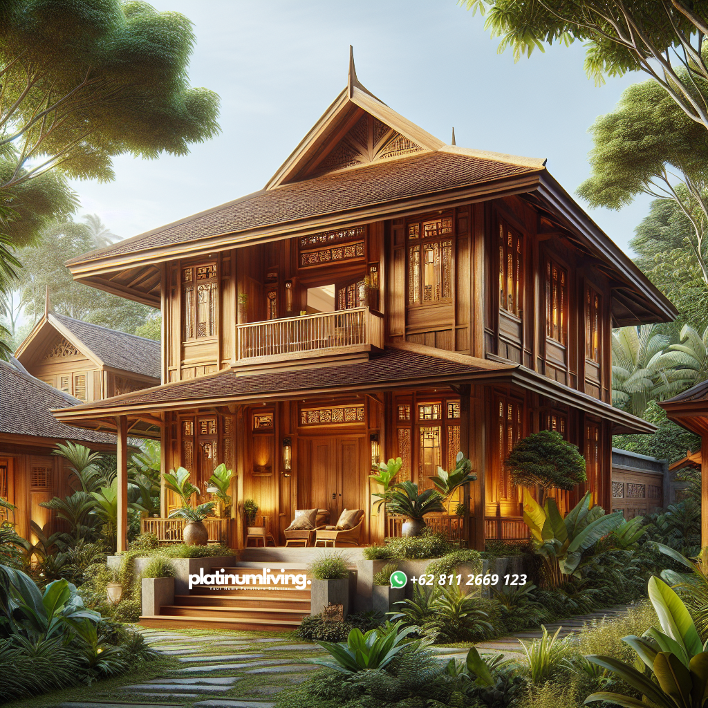 Rumah kayu jati dengan tekstur alami dan warna cokelat keemasan