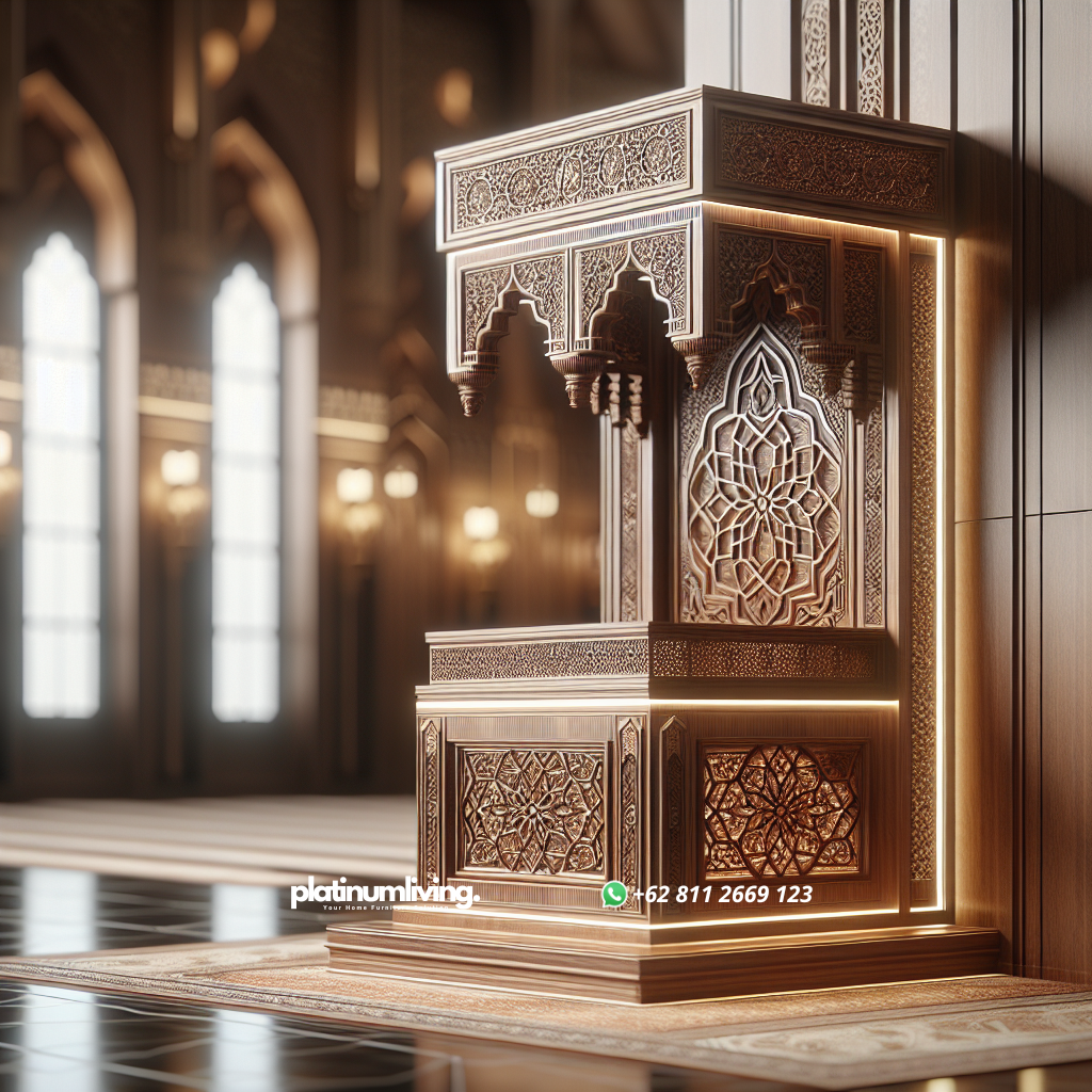 Mimbar masjid mewah dengan ukiran kayu jati halus dan elegan