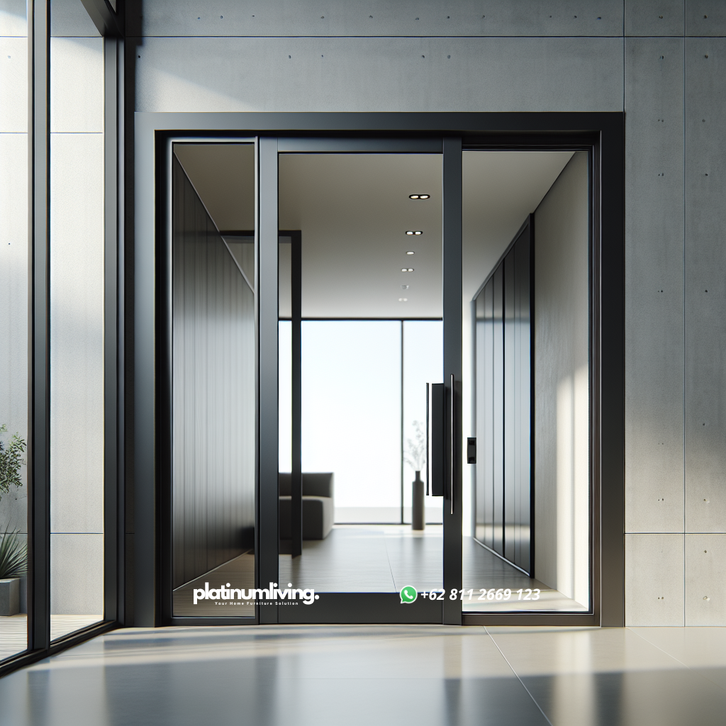 Pintu aluminium model terbaru dengan frame hitam matte dan panel kaca besar