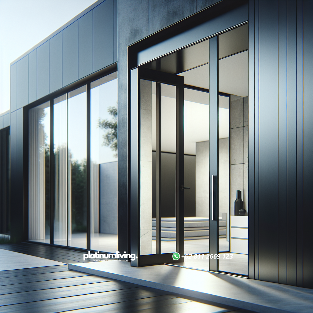 Pintu aluminium modern dengan frame tipis dan panel kaca besar di depan rumah minimalis