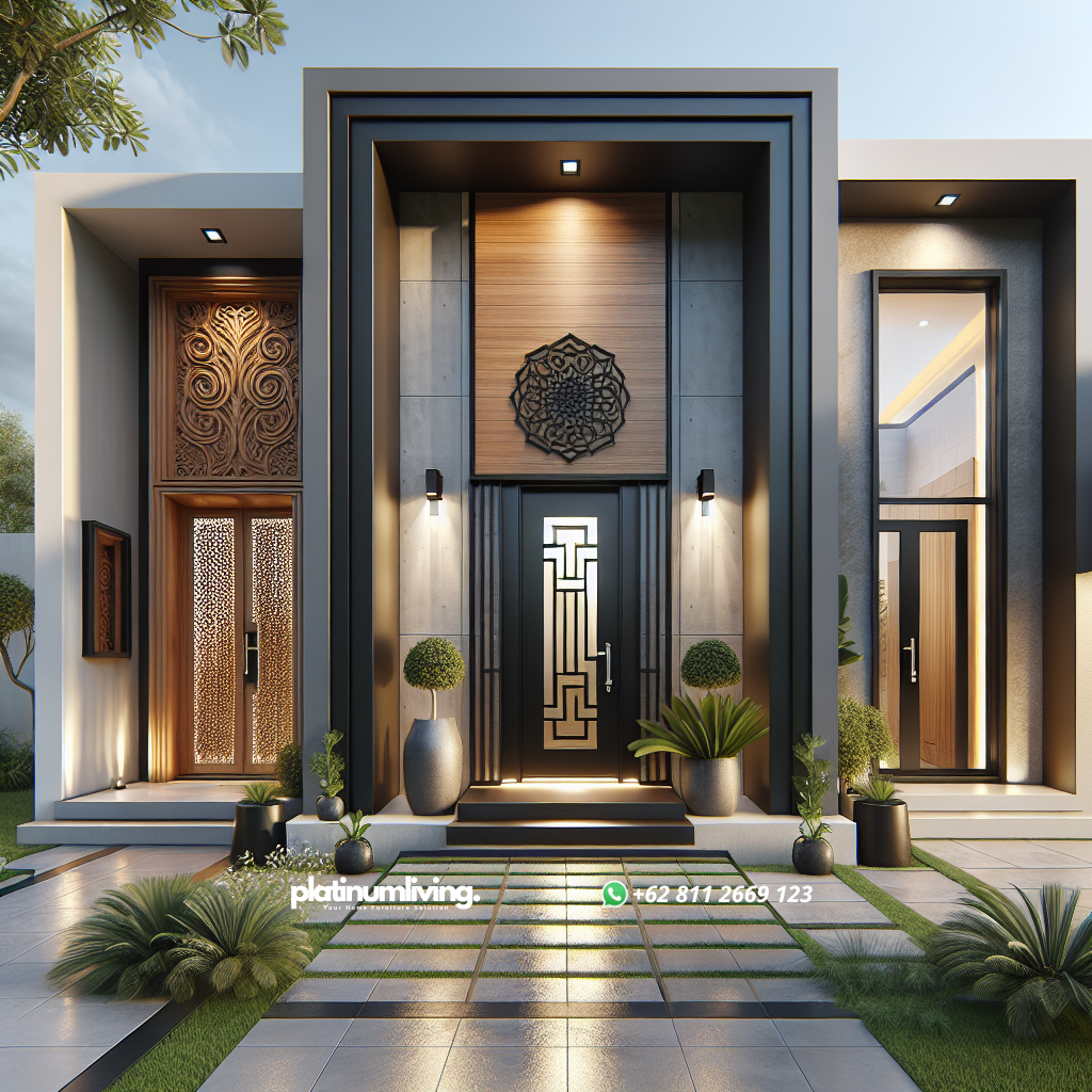 Model Pintu Rumah Terbaru: Pilihan Desain yang Estetik dan Fungsional 1 Pintu rumah dengan desain kayu, besi, dan kaca di rumah modern