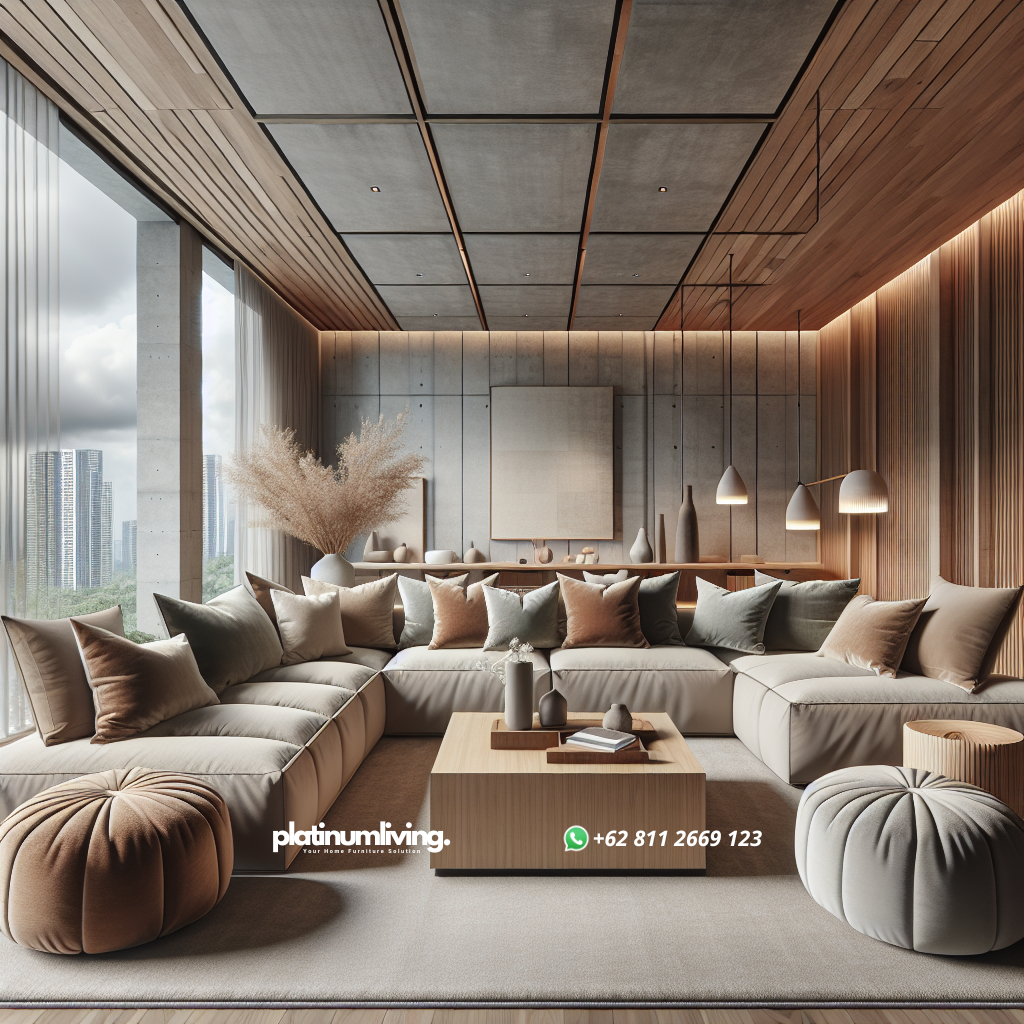 Sofa modern warna netral di ruang tamu minimalis